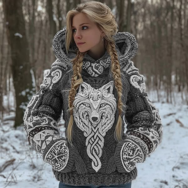 Women's Vintage Viking Wolf Art Knit Hooded Sweater Grey-M