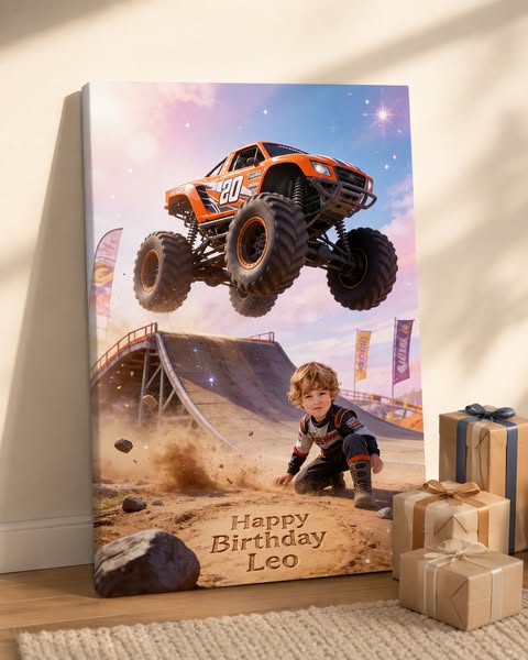 Orange stunt truck jumping ramp