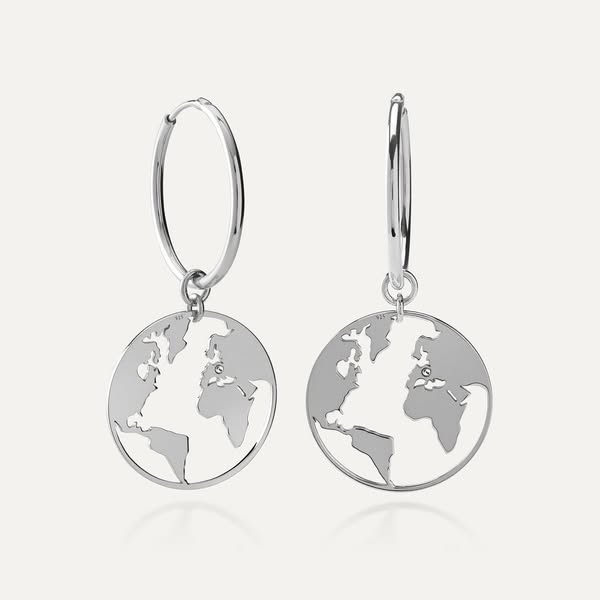 Creolen mit Erdkugel, 925er Silber platiniert TRAVEL