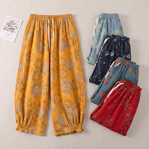 Vintage Ginkgo Leaf Cotton Harem Pants
