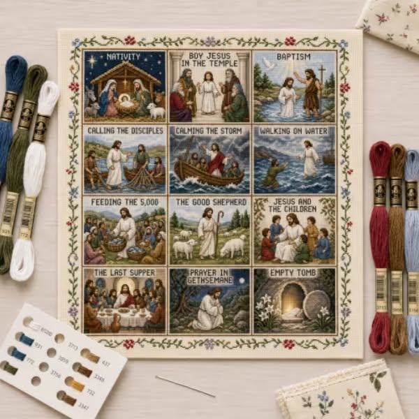 Last Day 49% OFF – Beginner-Friendly Life of Jesus Bible Story Cross Stitch DIY Kit | 6 Biblical Collections with Fabric, Color-Matched