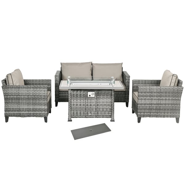 5-Piece Rattan Patio Furniture Set with Gas Fire Pit Table and Cushions - Grey