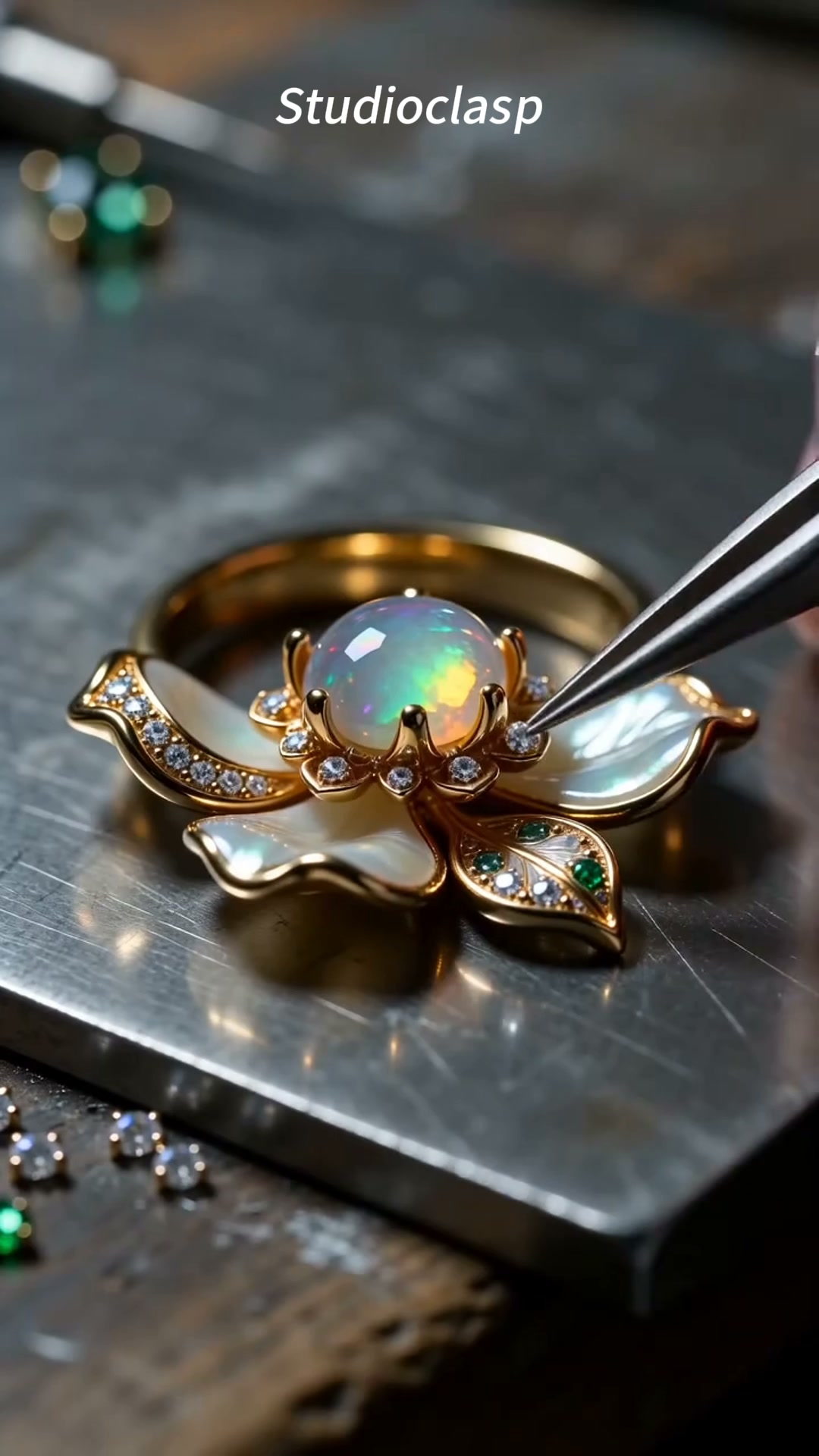 Opal Flower Ring Women Mother of Pearl Petal Emerald Leaf Gold Nature Bloom Cocktail Ring