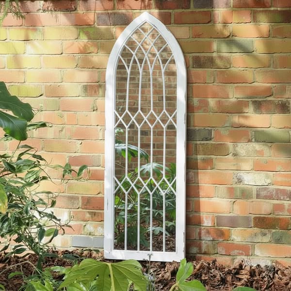 Arched White Distressed Chapel Fretwork Garden Mirror - 47cm x 142cm