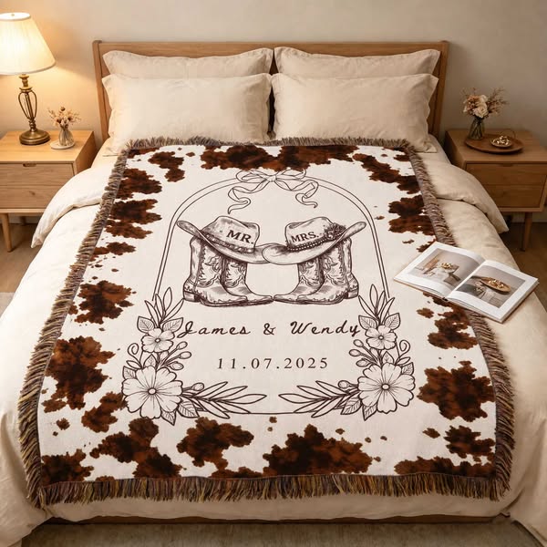 Personalized Cowboy Boots Cattle Pattern Tassel Soft Throw Blanket with Name and Date Birthday Wedding Gift for Newlyweds