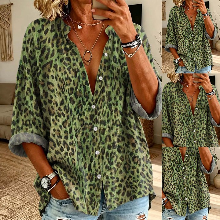 V-Neck Button Leopard Long Sleeve Shirt
