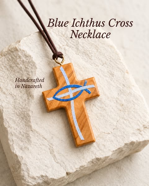 Blue Ichthus Cross Necklace