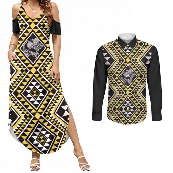 New Zealand Kowhai Taniko Motifs Couples Matching Summer Maxi Dress and Long Sleeve Button Shirt Maori Poi Dance Costume Inspired - Polynesi