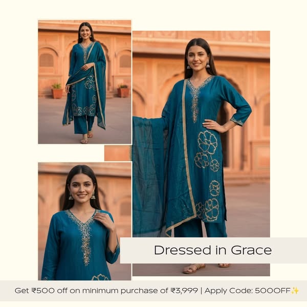 Blue Solid Crepe Straight Kurta Set with Floral Hand Embroidery & Sequins, V-Neck, Muslin Silk Palazzo & Solid Muslin Silk Taping Dupatta