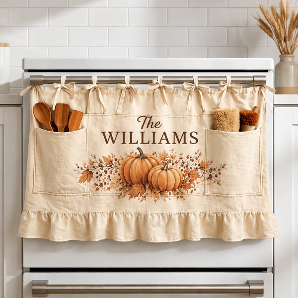 Personalized Fall Oven Skirt, Custom Family Name Oven Curtain with Pockets, Pumpkin Farmhouse Kitchen Decor, Ruffled Stove Skirt, Autumn Hom