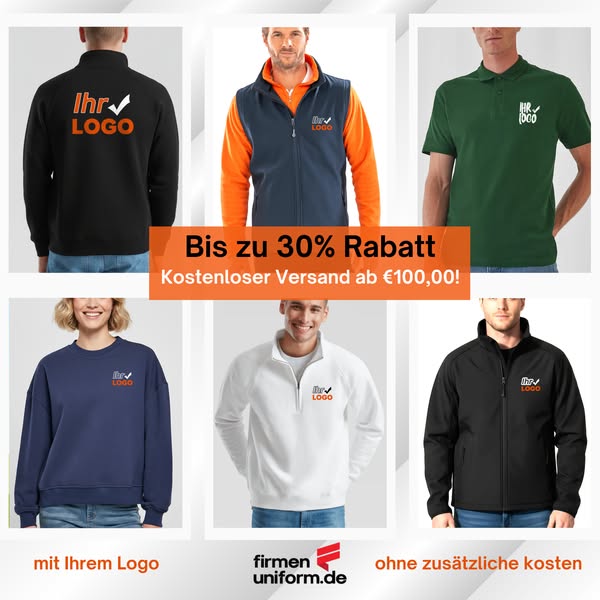Sparen Sie bis zu 30% auf Premium Arbeitskleidung + Logo-Druck gratis