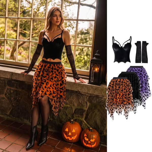 Asymmetric Flocked Bat Layered Tulle Skirt