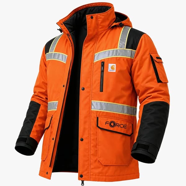 Men's Vintage Reflective Stripes Safety Wear High-Visibility Orange Work Hooded Jacket Orange-L