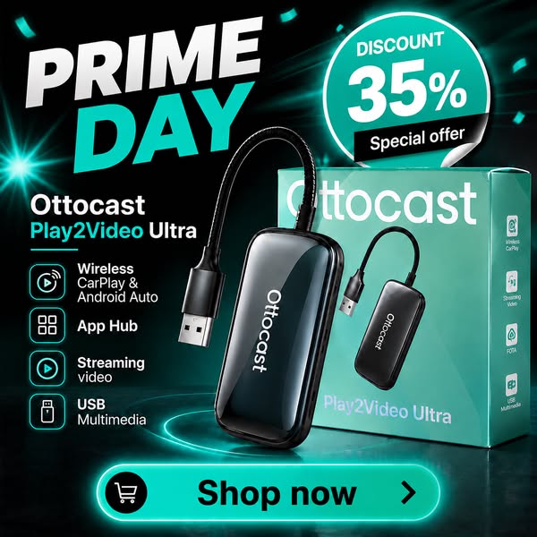 OTTOCAST® Play2Video Ultra | App Hub, Netflix, YouTube, Prime Video & Wireless CarPlay Android Auto