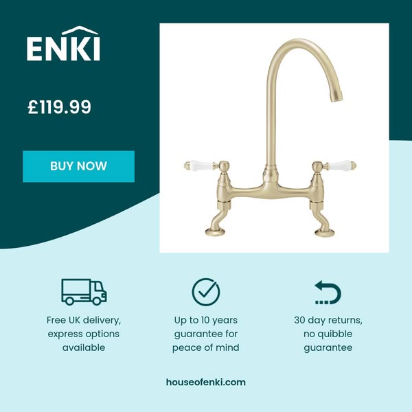 Astbury traditional bridge kitchen mixer tap with white ceramic levers deck mounted - brushed brass