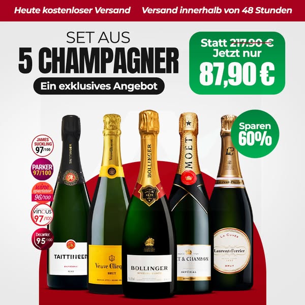 Veuve Clicquot Brut, Moët Impérial, Bollinger Special Cuvée, Mumm Cordon Rouge & Ruinart Brut