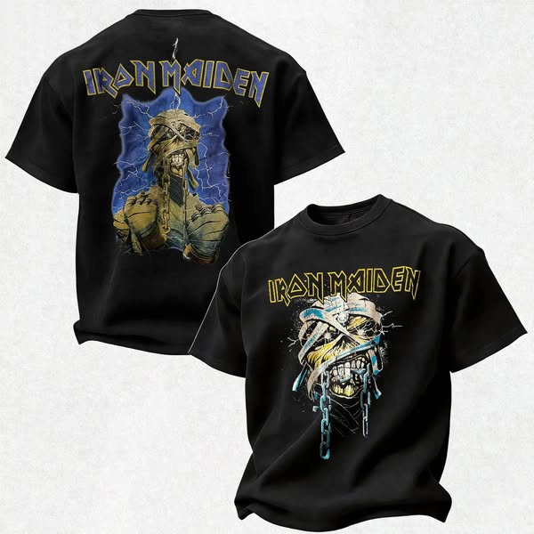 Iron Maiden Powerslave Mummy Eddie Tee Heavy Metal Rock Band Short Sleeve T-Shirt (Double-sided Print) Black-5XL