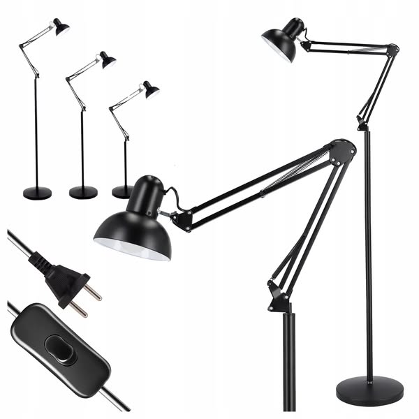 Lampa Podłogowa Stojąca LED E27 185cm Regulowana do Czytania Włącznik Czarn