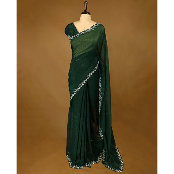 Bottle Green Colour Designer Saree having Stone and Sequence Worked Body with Worked Border and Blouse