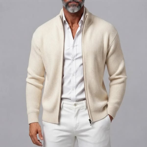 Men's Casual Solid Color Stand Collar Ribbed Knit Zipper Cardigan