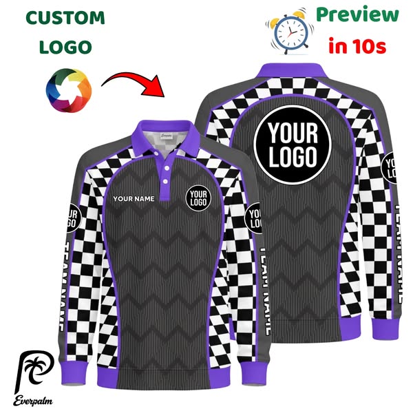 Custom Geometric Zigzag Textured Checkered Side Panel Long Sleeve Polo