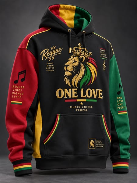 Men's Reggae Rasta Color Block Crown Lion One Love Art Print Casual Hoodie