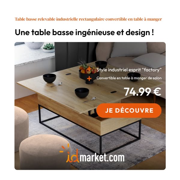 Table basse relevable industrielle rectangulaire convertible en table à manger