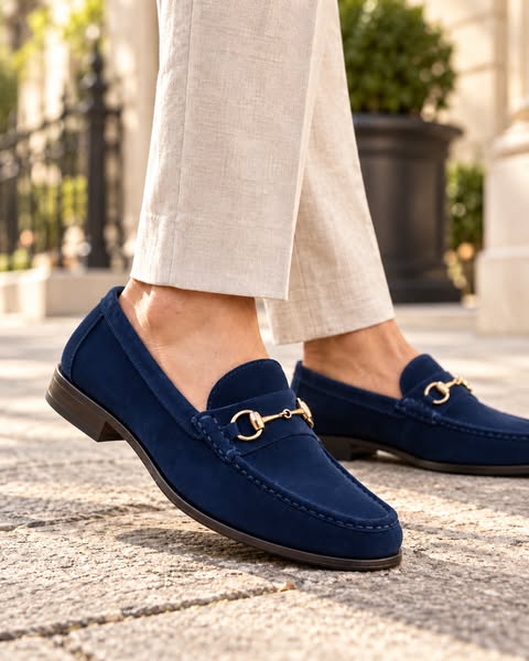 Navy Suede Horsebit Loafers