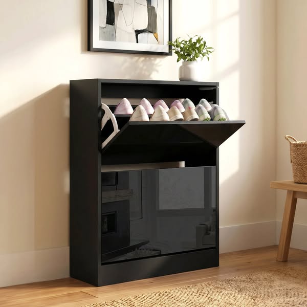 High Gloss 2 Drawer Slim Shoe Storage Cabinet for Hallway