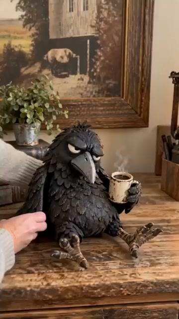 Rustic Vintage Raven Figurine with Coffee Mug