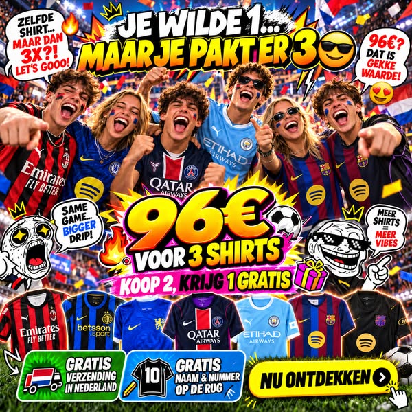 €96 = 2 shirts + 1 GRATIS + gratis bedrukking + gratis verzending in Nederland