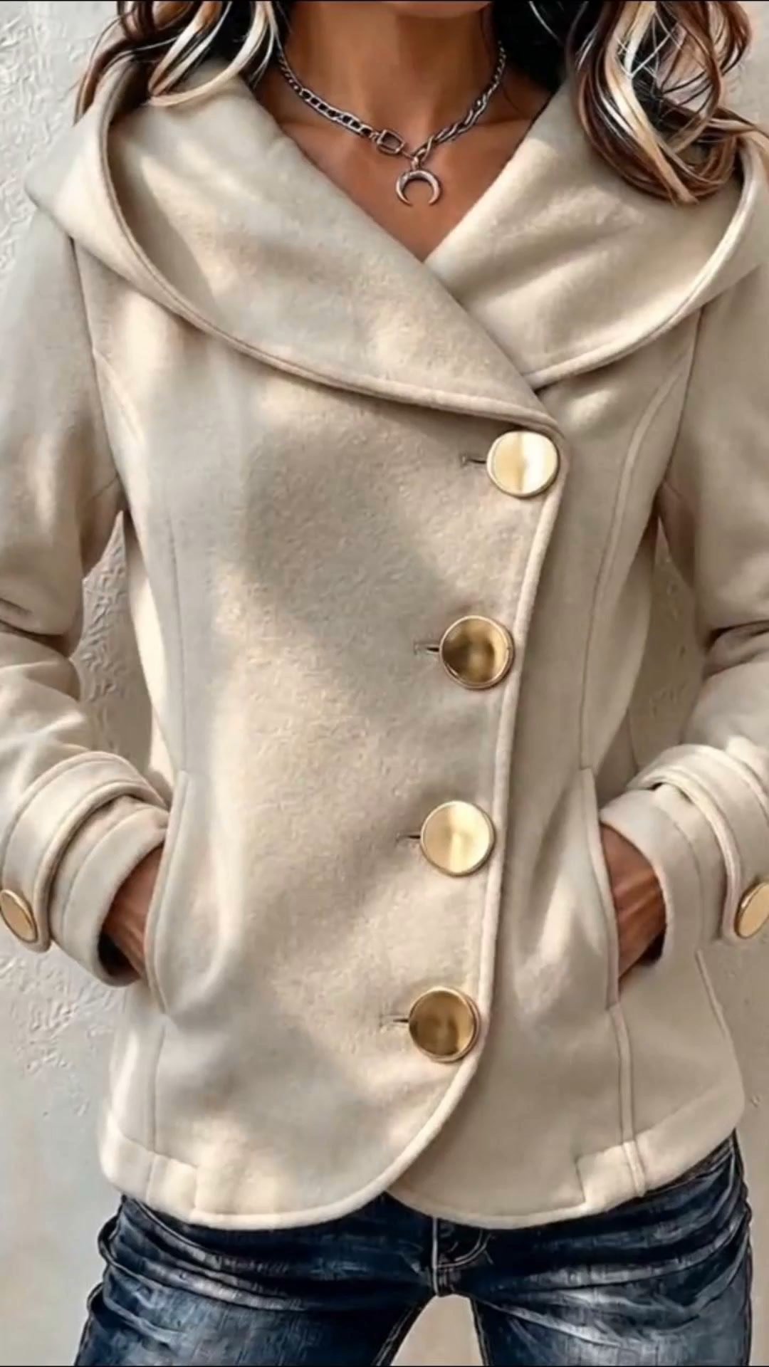 Oversized‑Collar Gold‑Button Hooded Coat