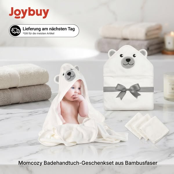 €19.99|Momcozy Baby Bamboo Fiber Hooded Bath Towel Set - 5 Piece Bear Design Gift Set for Newborns & Toddlers