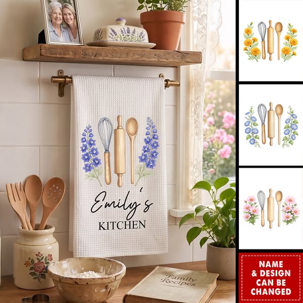 Custom Birth Month Flower With Name Gift For Her, Grandma, Mom - Personalized Kitchen Towel