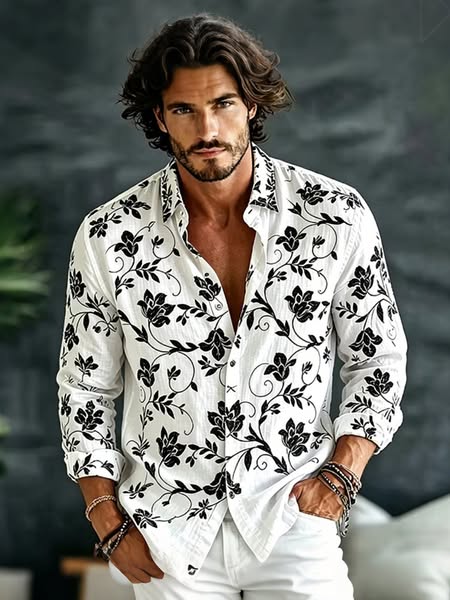 Men's Flowers Japanese Art Print Long Sleeve Shirt