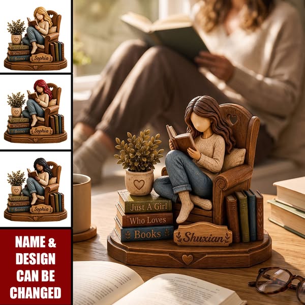 Personalized Wooden Figure For Reading Lover, Custom Personalized Reading Girl Desk Decoration