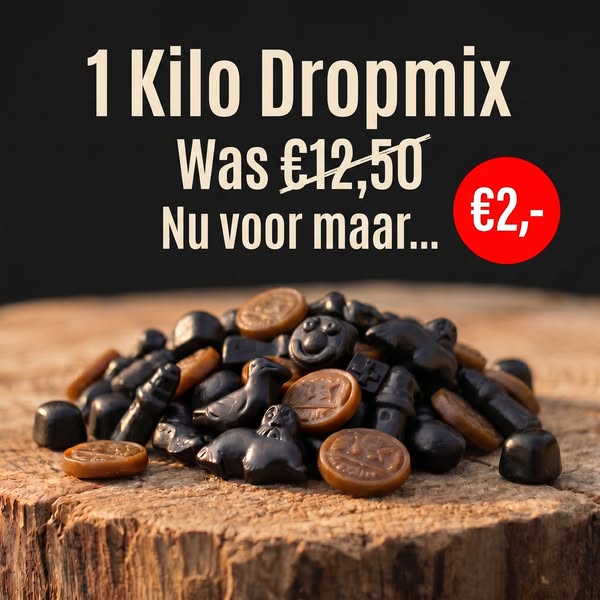 1 kilo dropmix nu €2,00 (was €12,50)
