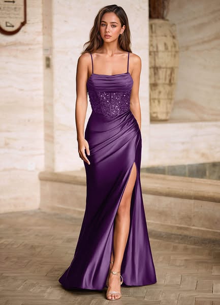 Starlit Burgundy Cowl Neck Sequin Corset Dress Shimmer Stretch Satin Purple Prom And Homecoming Dresses