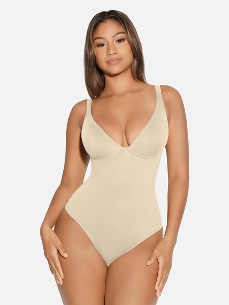 V-Neck Tummy Control Sculpt Bodysuit - Butter Cream / M