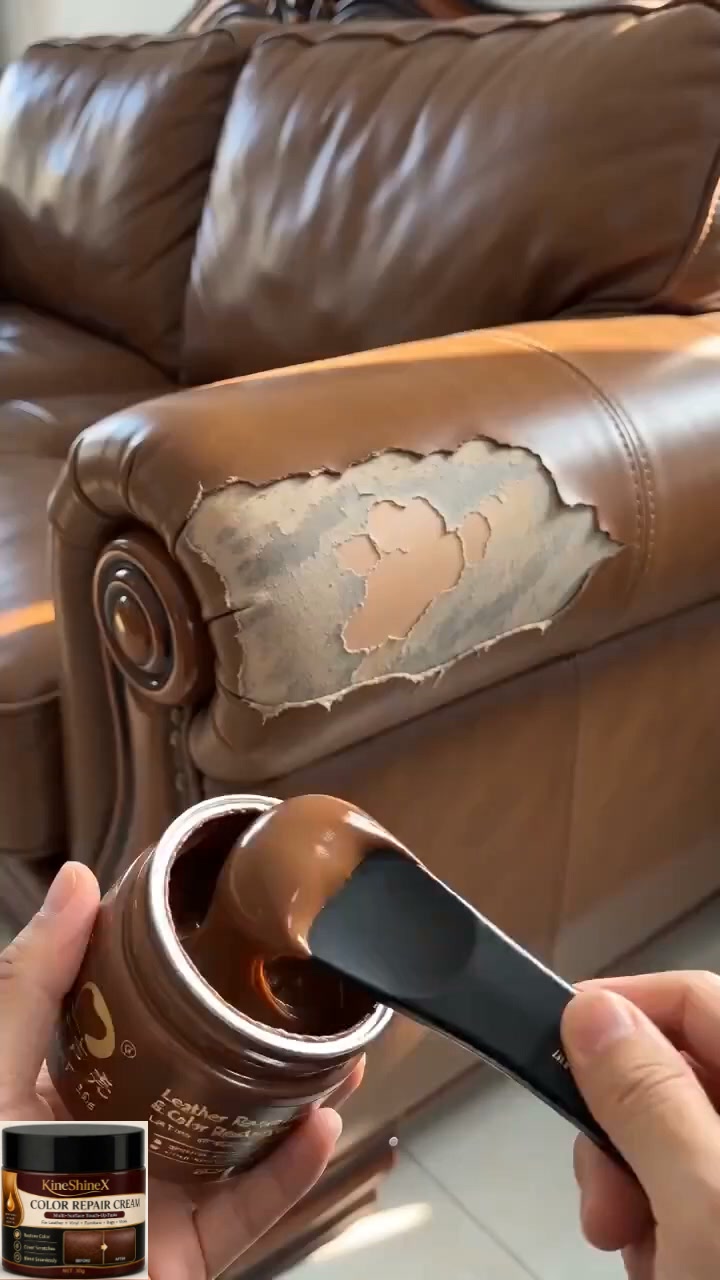 Brown leather repair cream repairs scratches, scuffs, and fading.
