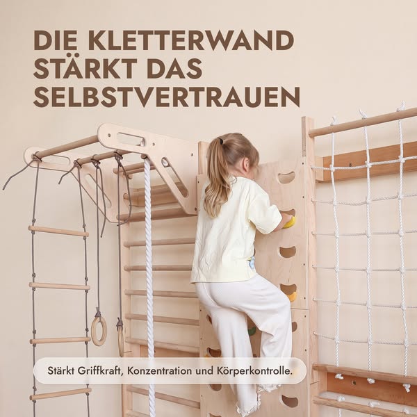 7-in-1 Kletterwand fürs Kinderzimmer mit Sprossenwand, Kletternetz, Klimmzugstange & (3in1) Kinderschaukel-Set