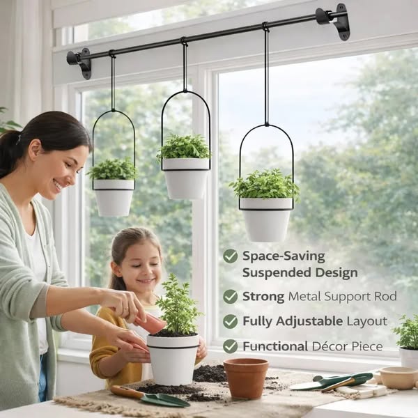 Adjustable Hanging Window Planter Set – Metal Rod Plant Hanger with 3 Pots for Indoor & Outdoor Green Display