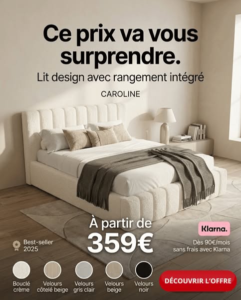 Lit coffre CAROLINE – Lit design rembourré avec rangement intégré, disponible en bouclé blanc, velours côtelé ou velours lisse