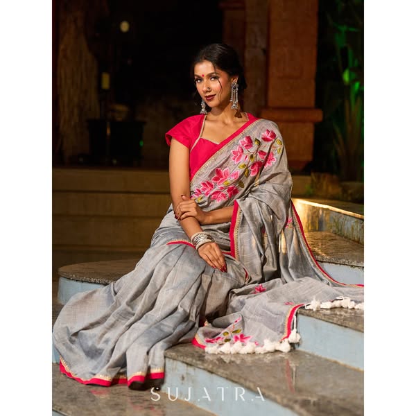 Delicate Grey Saree with Sequin Detailing & Pink Floral Embroidery & Pink Border with Lace AccentCA$213.15