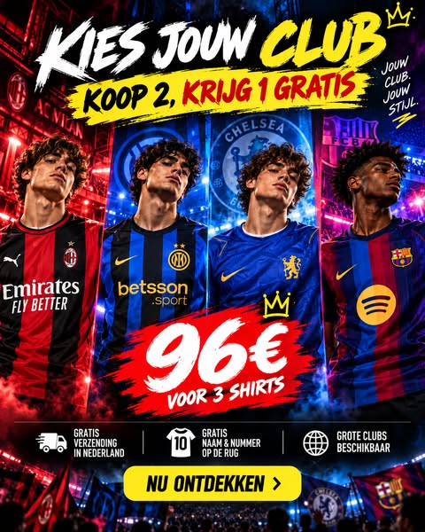 €96 = 2 shirts + 1 GRATIS + gratis bedrukking + gratis verzending in Nederland