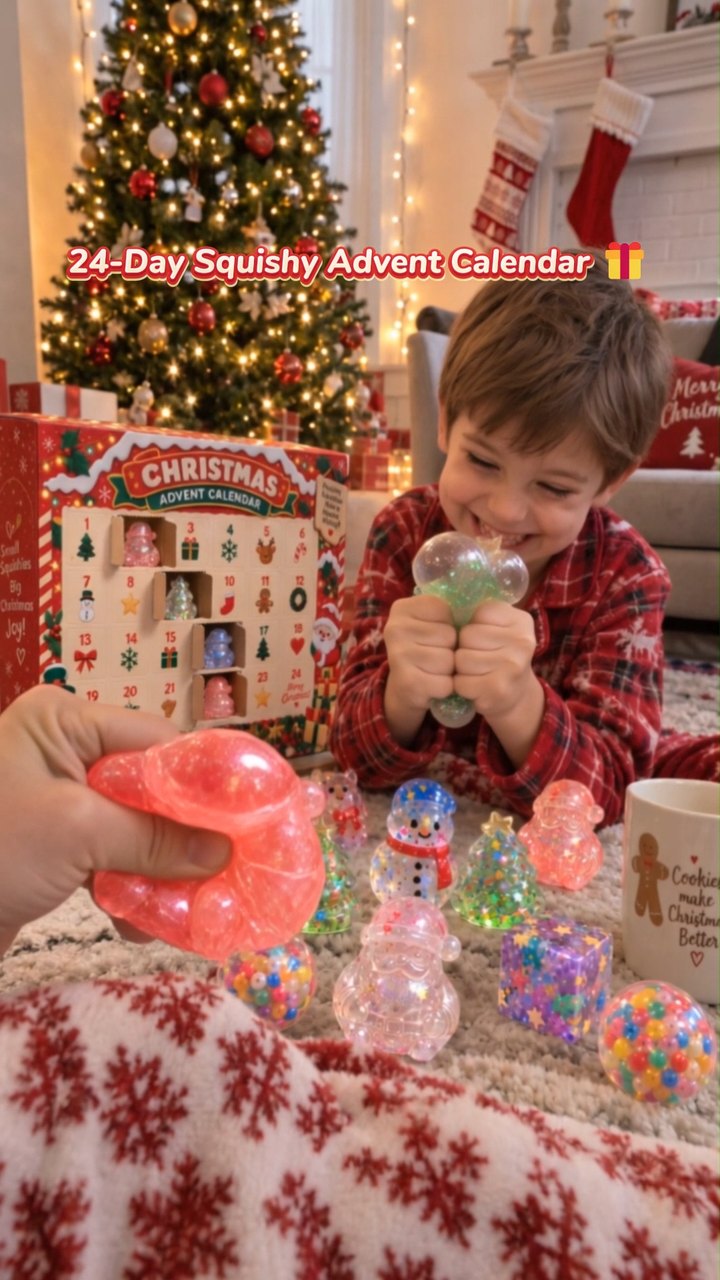 24 Days Christmas Squishy Advent Calendar with Mixed Surprise Squishies, Random Assorted Glitter Squeeze Toy, Christmas Countdown Gift for K