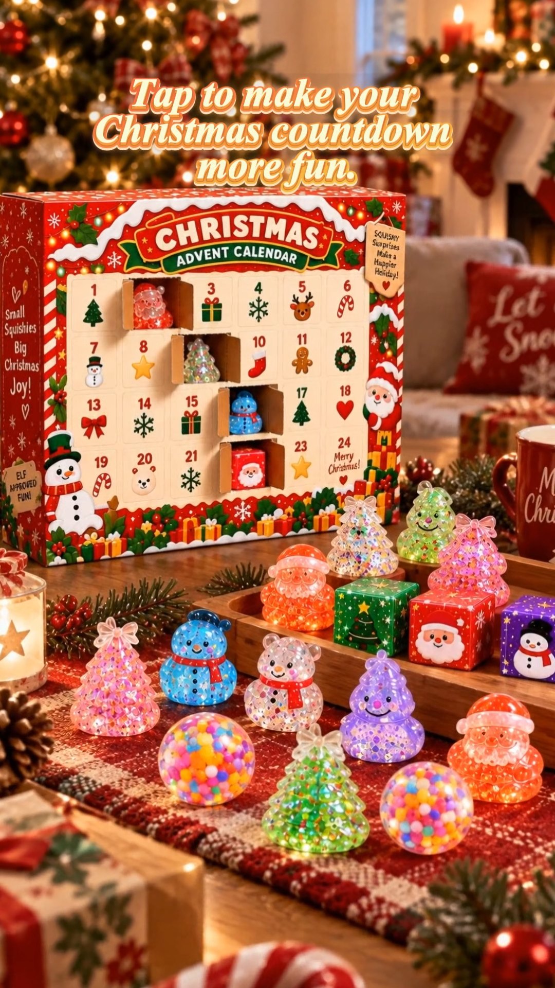 24 Days Christmas Squishy Advent Calendar with Mixed Surprise Squishies, Random Assorted Glitter Squeeze Toy, Christmas Countdown Gift for K