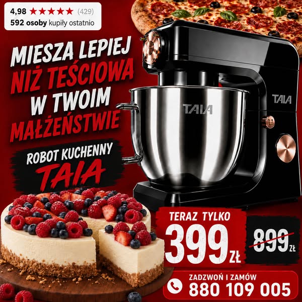 WYPRZEDAŻ ROBOTÓW TAIA MEXA Profesjonalny robot kuchenny 2000W stalowa misa 6,5 L dotykowy LED i 3 mieszadła