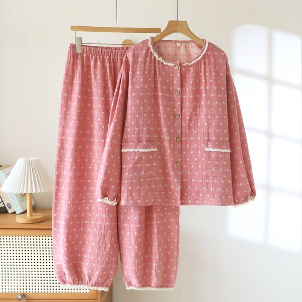 Dot Cotton Gauze Lace Lounge Set