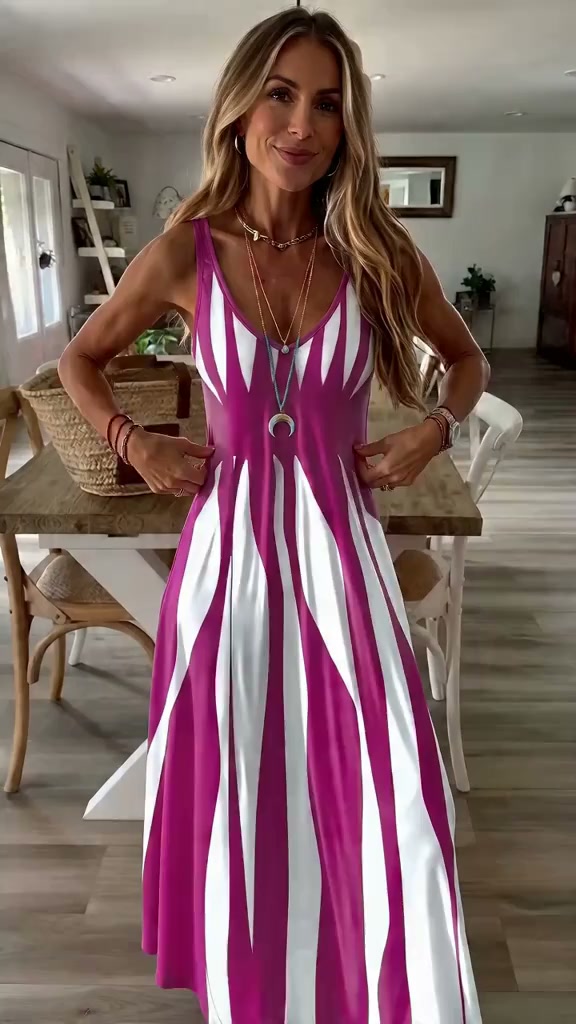 Striped Patchwork Suspender V-neck Dress
